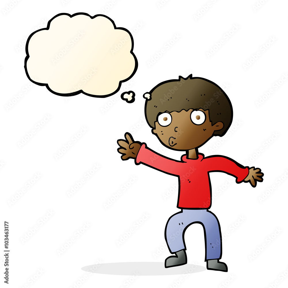 cartoon boy waving warning with thought bubble cartoon boy waving warning with thought bubble
