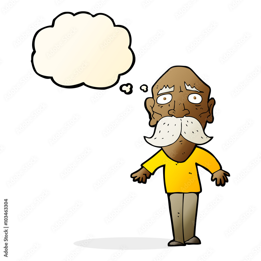 cartoon sad old man with thought bubble