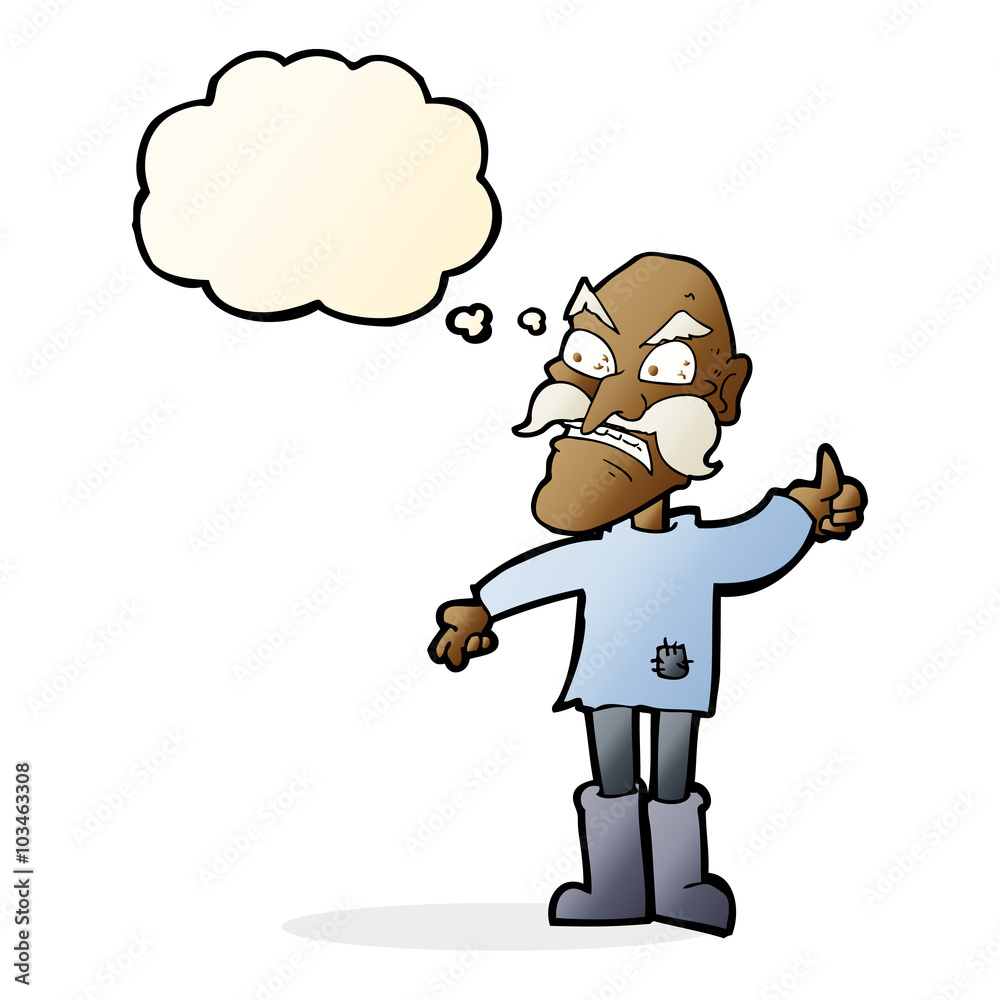 cartoon angry old man in patched clothing with thought bubble cartoon angry old man in patched clothing with thought bubble