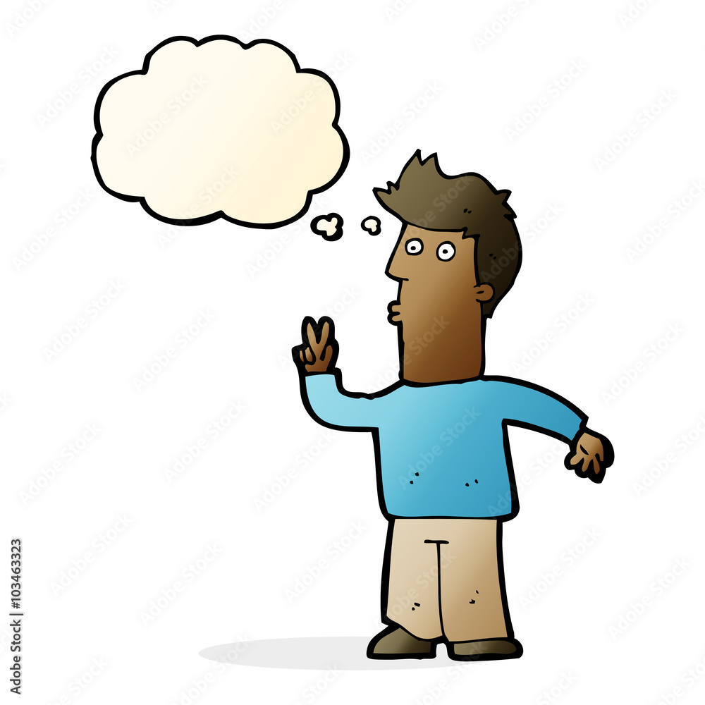 cartoon man signalling with hand with thought bubble