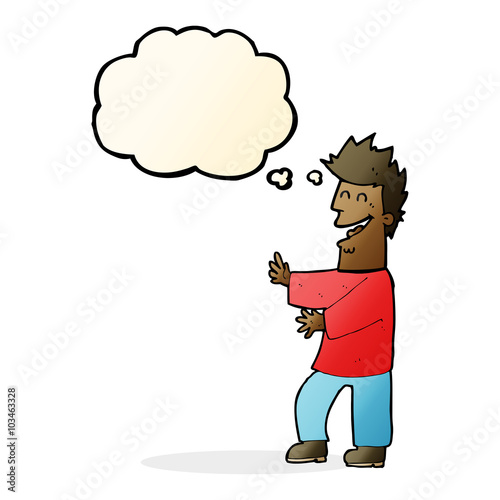 cartoon laughing man with thought bubble