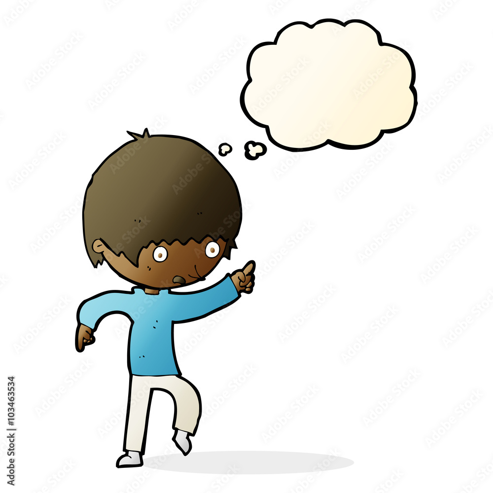 Fototapeta premium cartoon worried boy pointing with thought bubble
