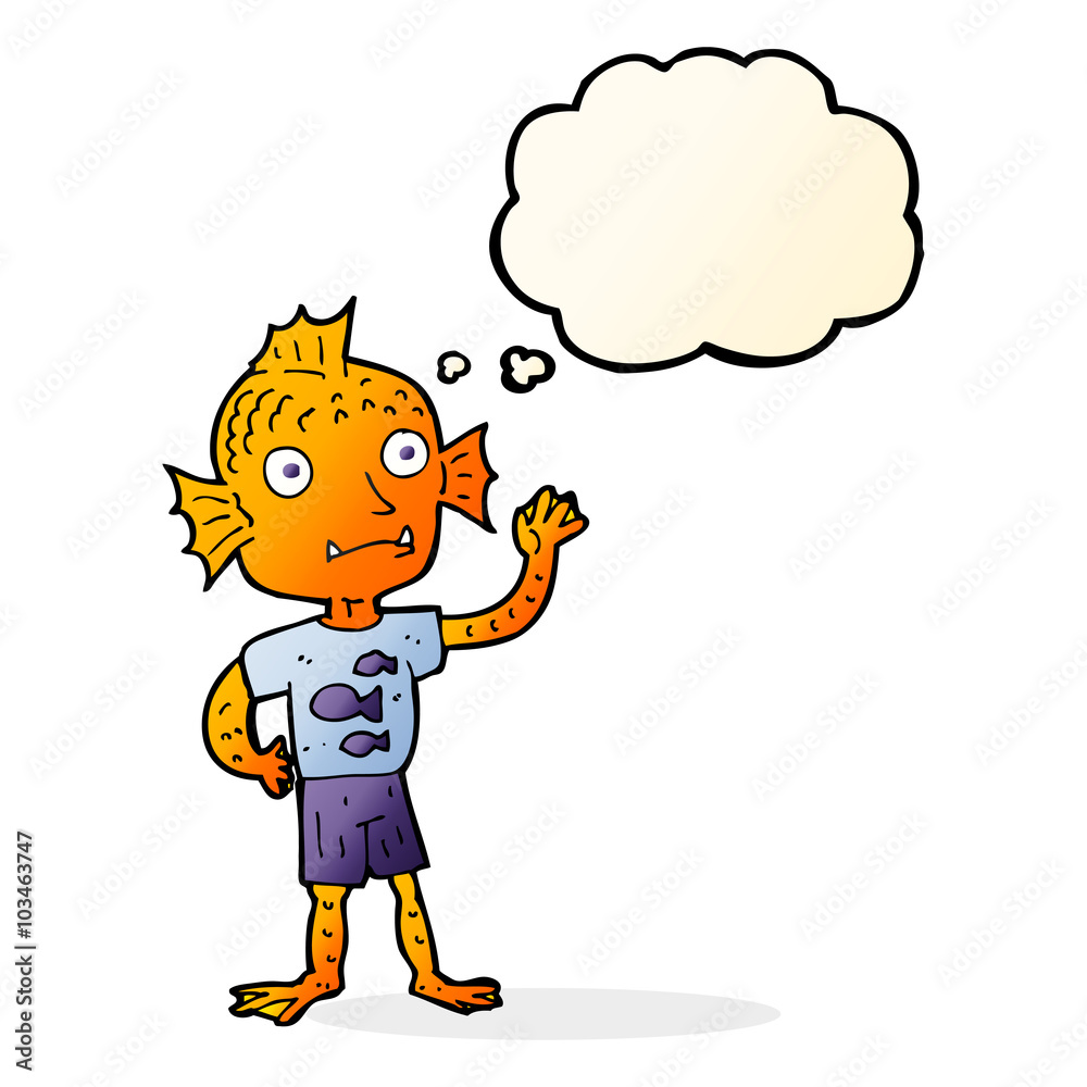cartoon waving fish boy with thought bubble cartoon waving fish boy with thought bubble