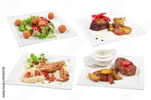 Set of 4 various dishes isolated on the white background.