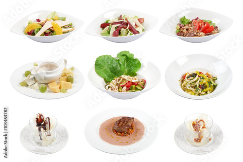Set of 9 various dishes isolated on the white background.