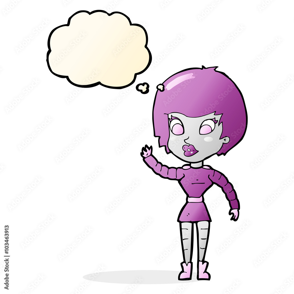 cartoon robot woman waving with thought bubble cartoon robot woman waving with thought bubble