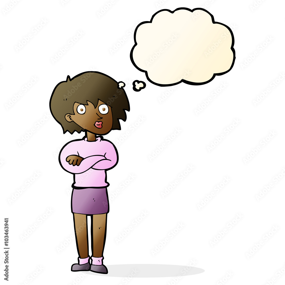 cartoon woman wit crossed arms with thought bubble