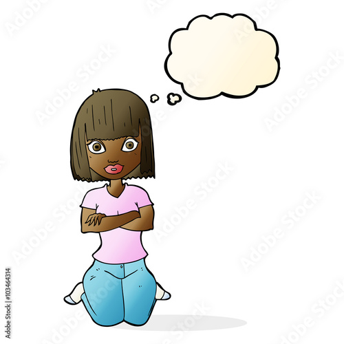 cartoon woman kneeling with thought bubble