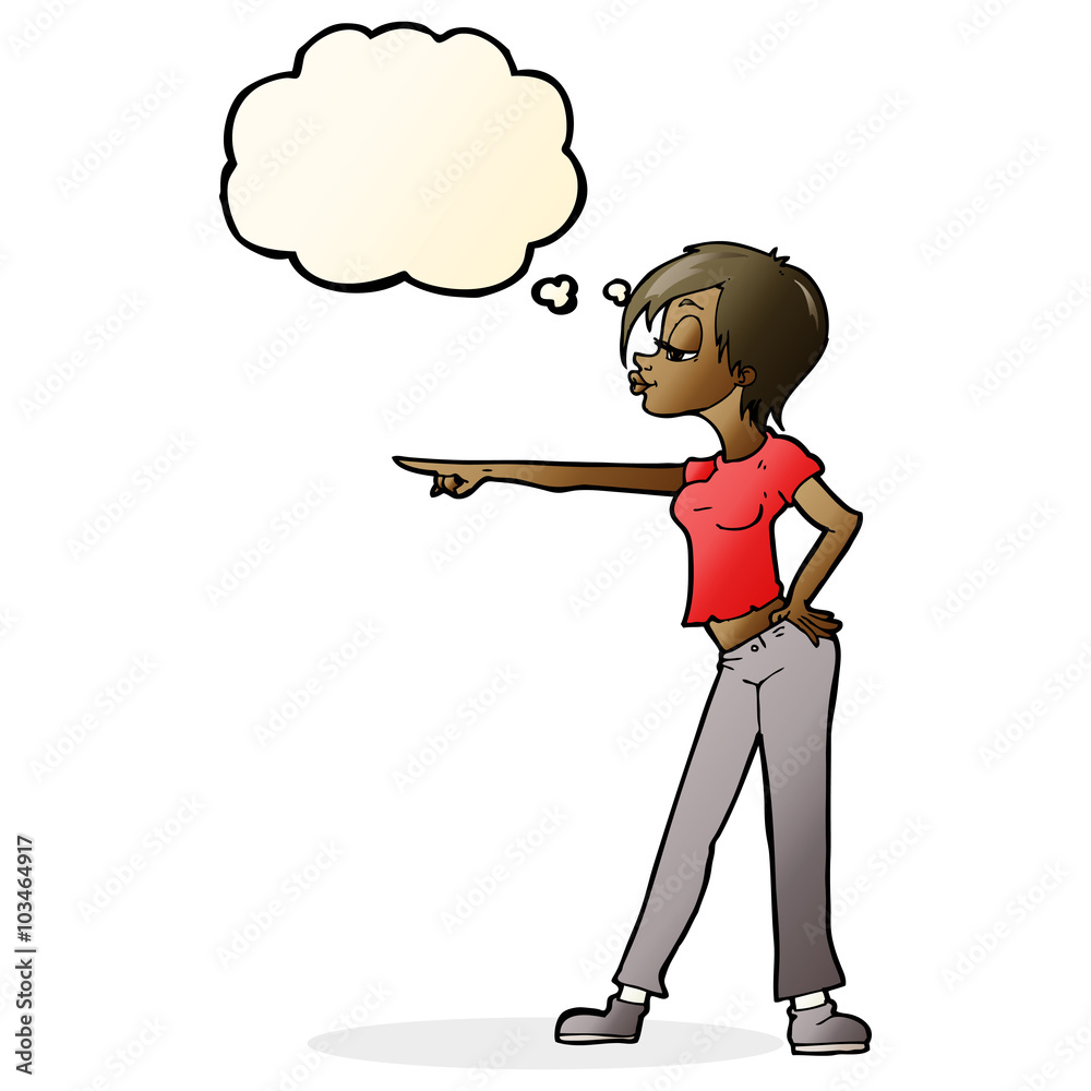 cartoon hip woman pointing with thought bubble cartoon hip woman pointing with thought bubble