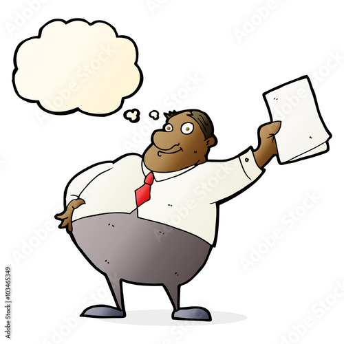 cartoon boss waving papers with thought bubble