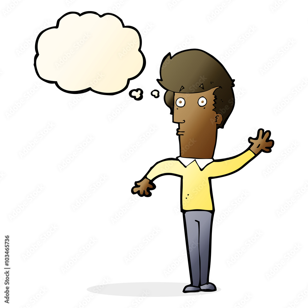 cartoon nervous man waving with thought bubble