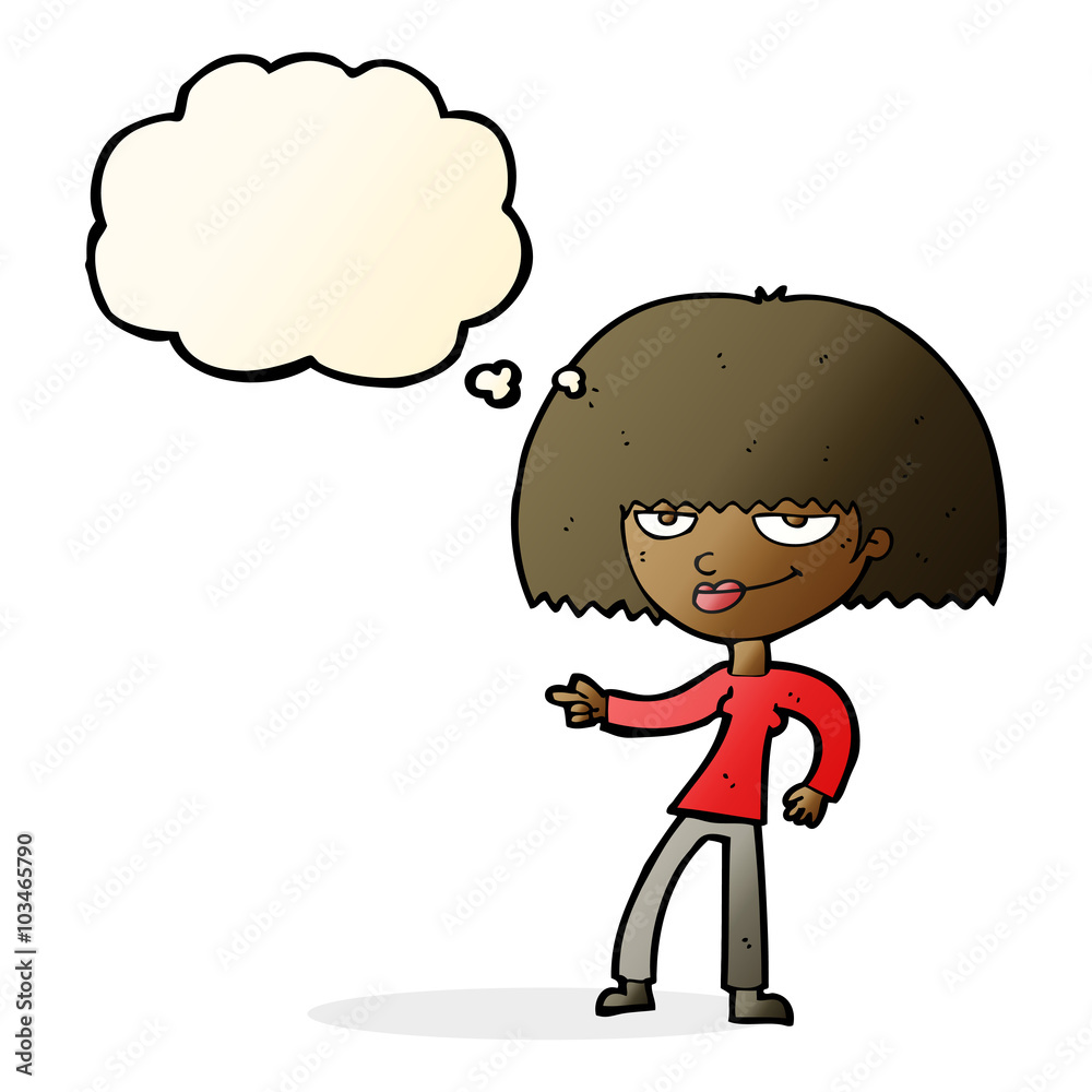cartoon happy woman pointing with thought bubble cartoon happy woman pointing with thought bubble