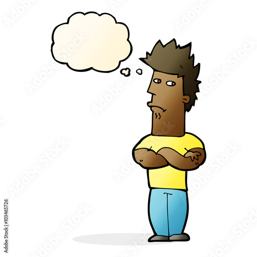 cartoon man sulking with thought bubble
