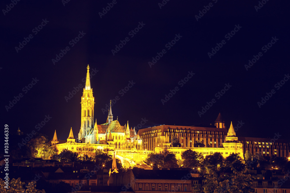 Night View with Matthias Church in Budapest, Hungary. Vintage look