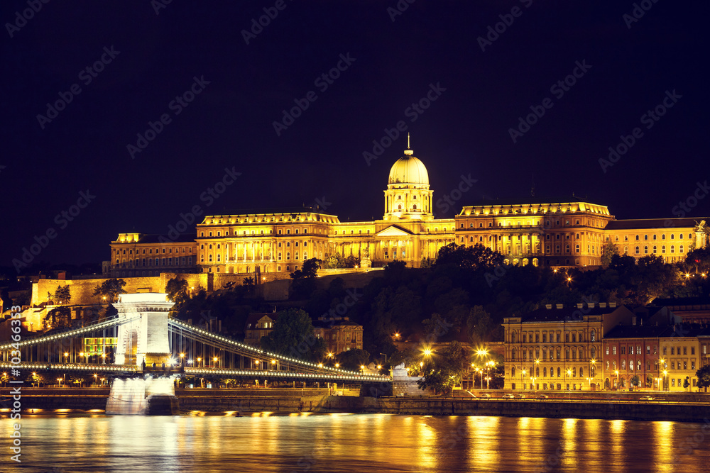 Night view of Chain bridge and royal palace in Budapest, Hungary, Vintage look