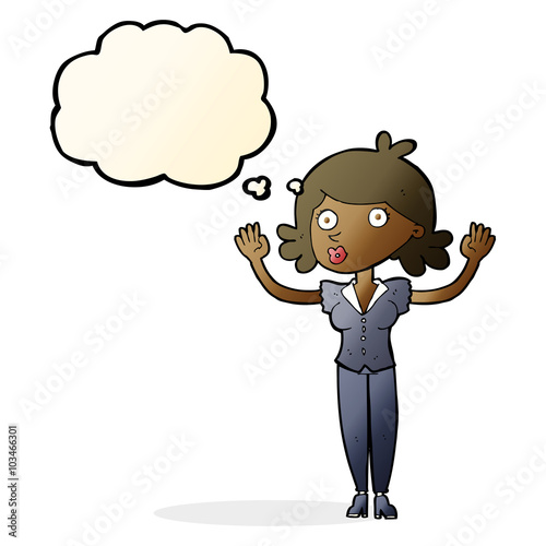 cartoon woman surrendering with thought bubble