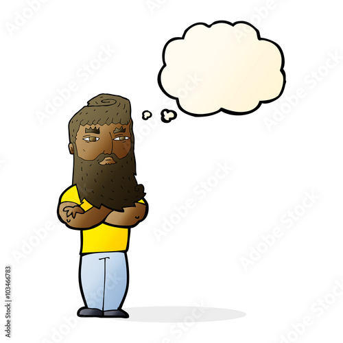 cartoon serious man with beard with thought bubble