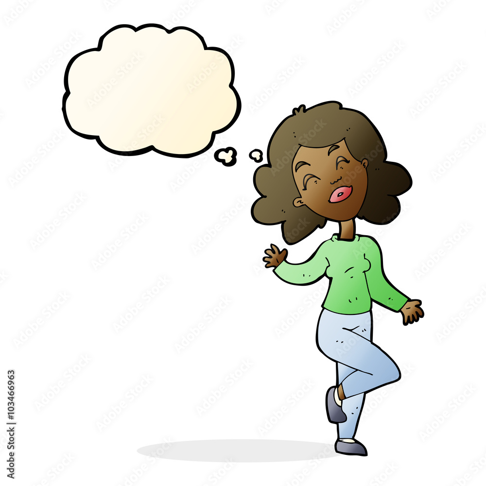 cartoon happy woman dancing with thought bubble cartoon happy woman dancing with thought bubble