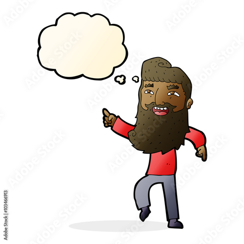cartoon man with beard laughing and pointing with thought bubble