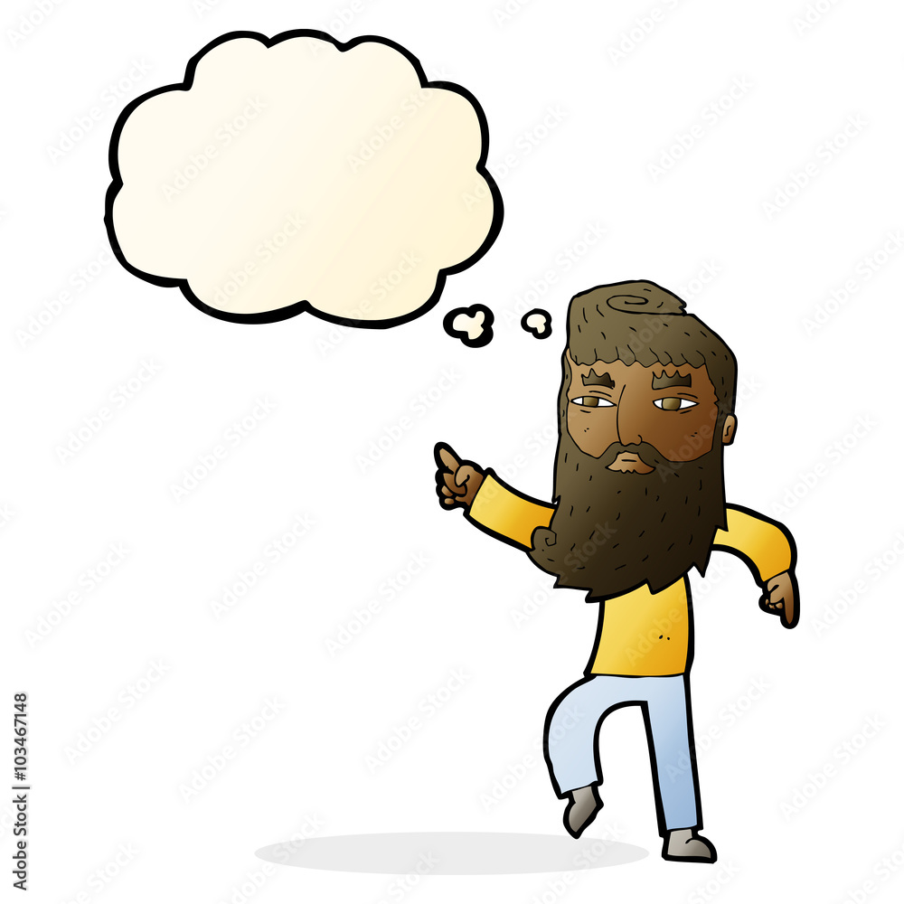 cartoon bearded man pointing the way with thought bubble