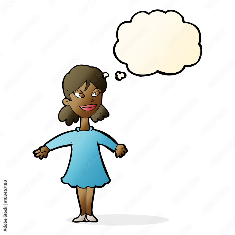 cartoon woman with open arms with thought bubble cartoon woman with open arms with thought bubble