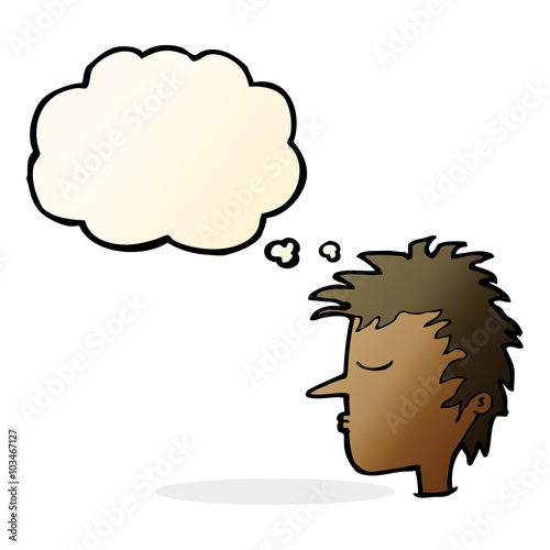 cartoon male face with thought bubble