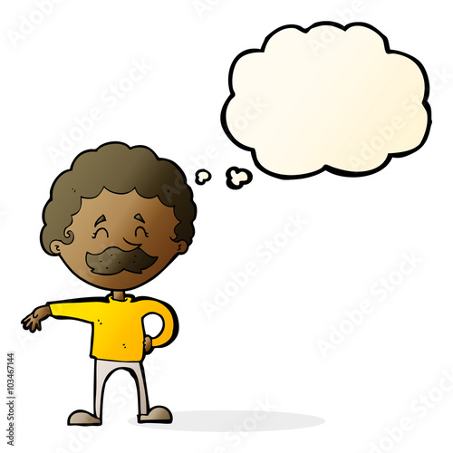 cartoon man making camp gesture with thought bubble