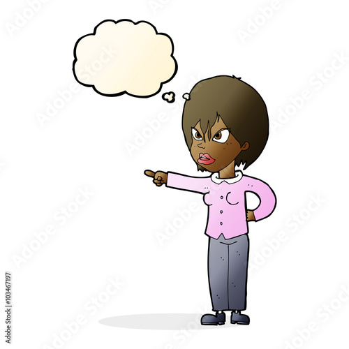 cartoon woman accusing with thought bubble