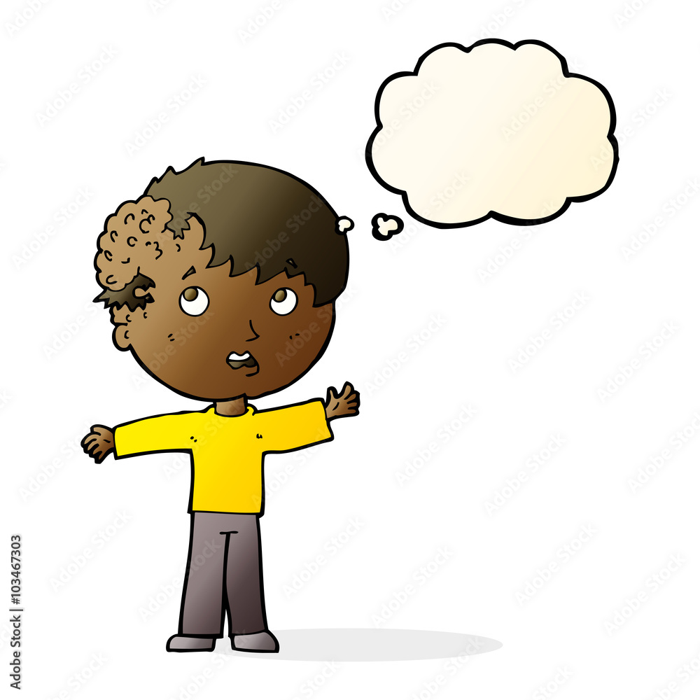 cartoon boy with growth on head with thought bubble cartoon boy with growth on head with thought bubble