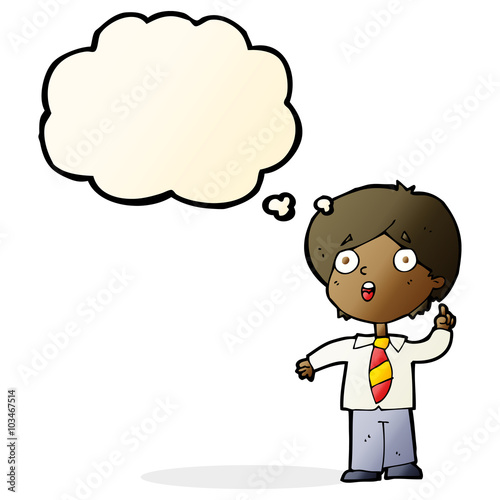 cartoon schoolboy answering question with thought bubble