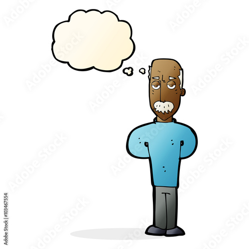 cartoon annoyed balding man with thought bubble