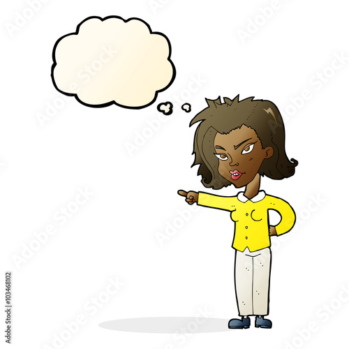 cartoon woman pointing with thought bubble