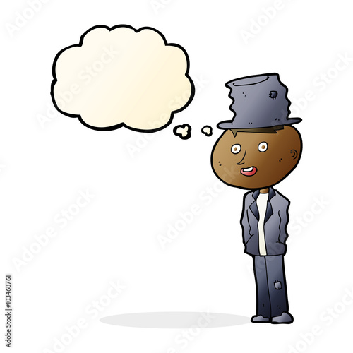 cartoon funny hobo man with thought bubble