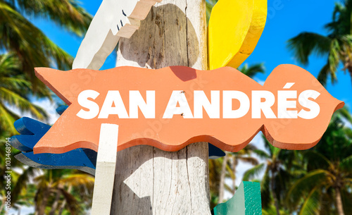 San Andres welcome sign with palm trees photo