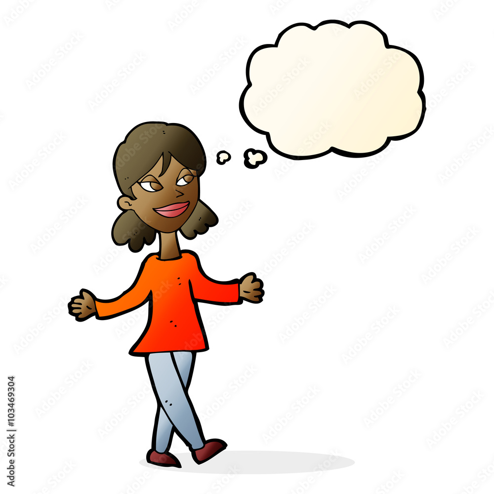 cartoon woman with no worries with thought bubble cartoon woman with no worries with thought bubble