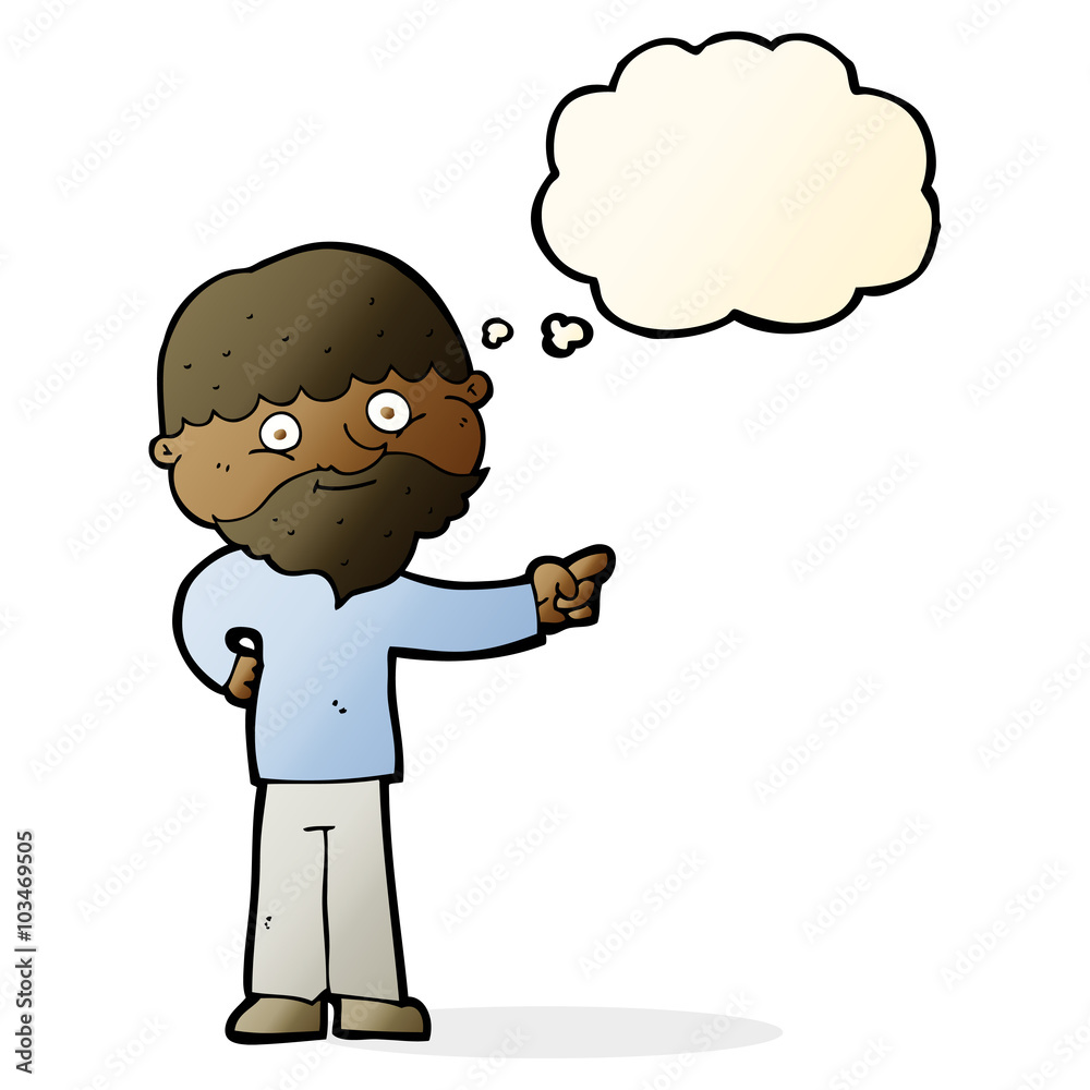 cartoon bearded man pointing with thought bubble