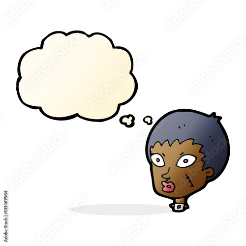 cartoon female zombie head with thought bubble