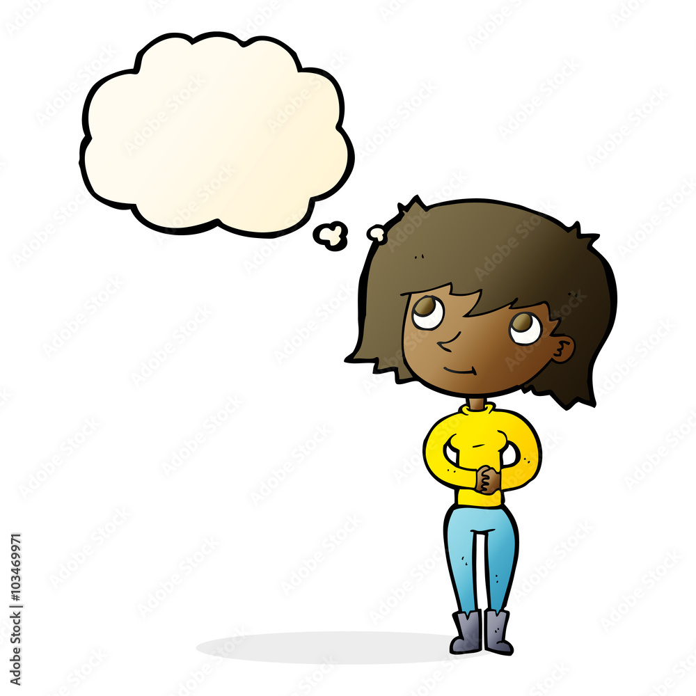 cartoon friendly woman with thought bubble cartoon friendly woman with thought bubble