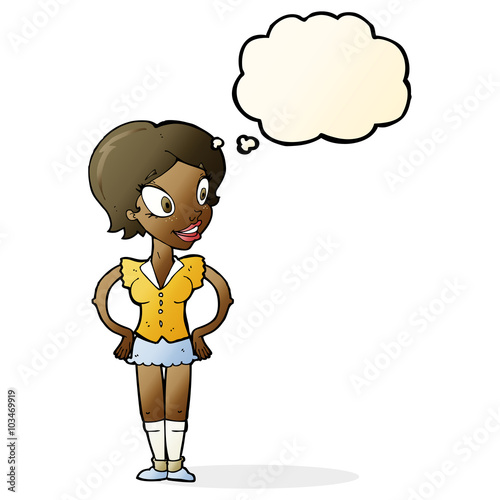 cartoon happy woman in short skirt with thought bubble