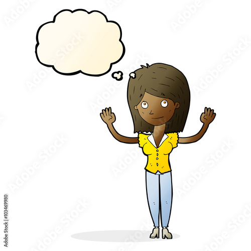 cartoon woman holding up hands with thought bubble