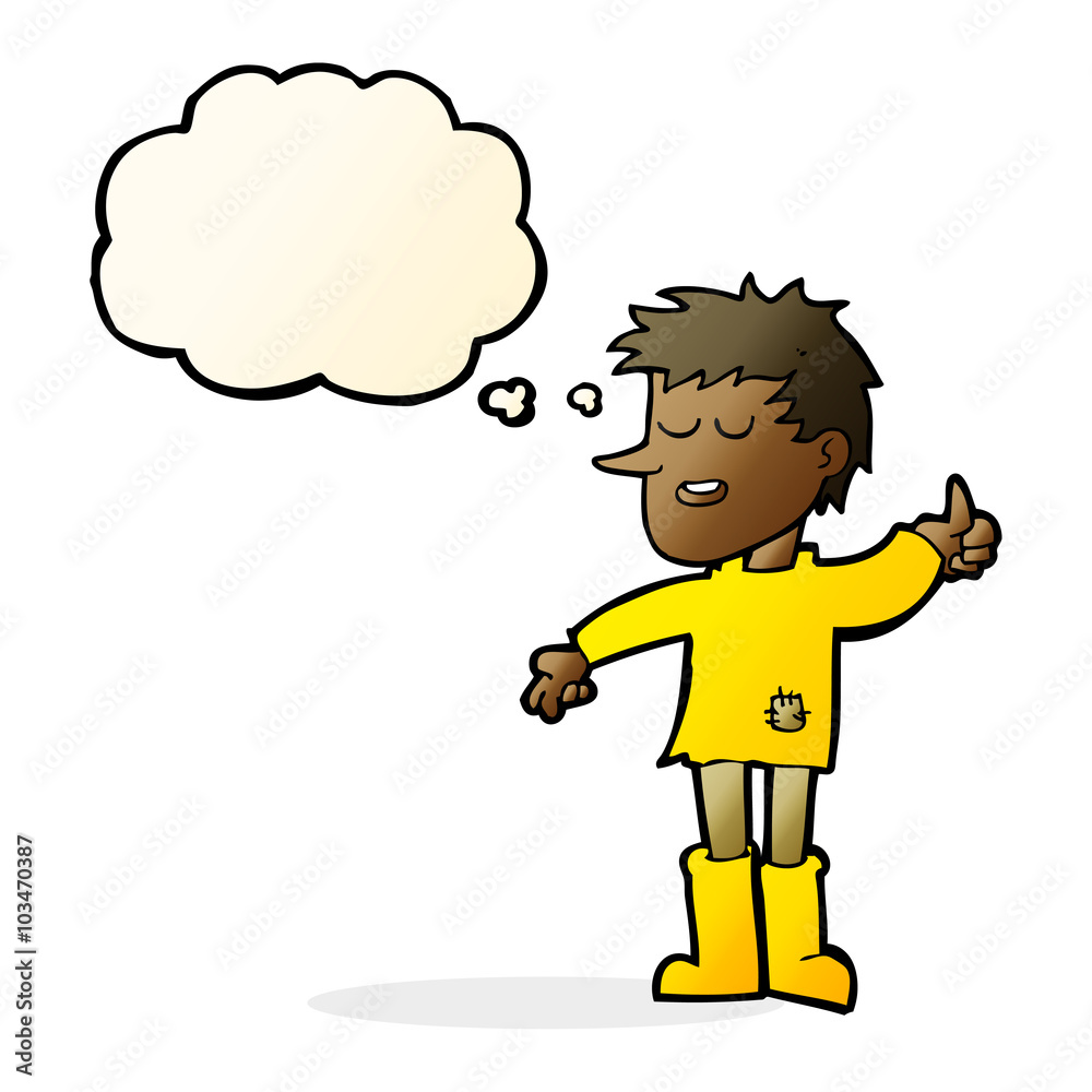 cartoon poor boy with positive attitude with thought bubble cartoon poor boy with positive attitude with thought bubble