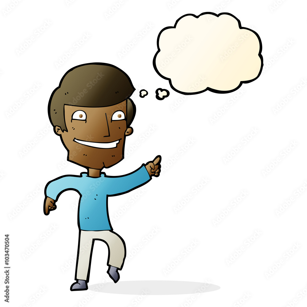 cartoon happy man pointing with thought bubble cartoon happy man pointing with thought bubble