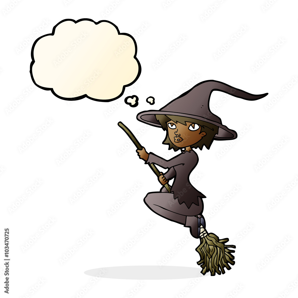 Obraz premium cartoon witch riding broomstick with thought bubble