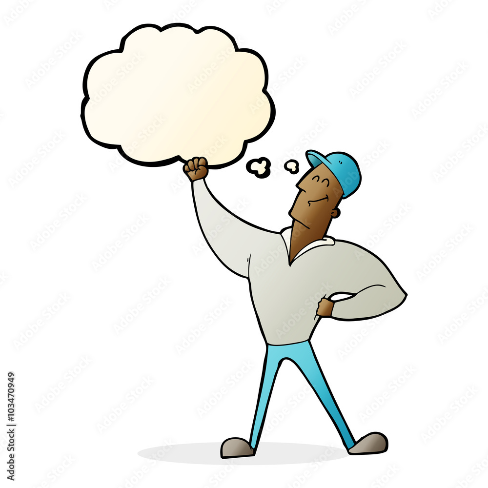 Fototapeta premium cartoon man striking heroic pose with thought bubble