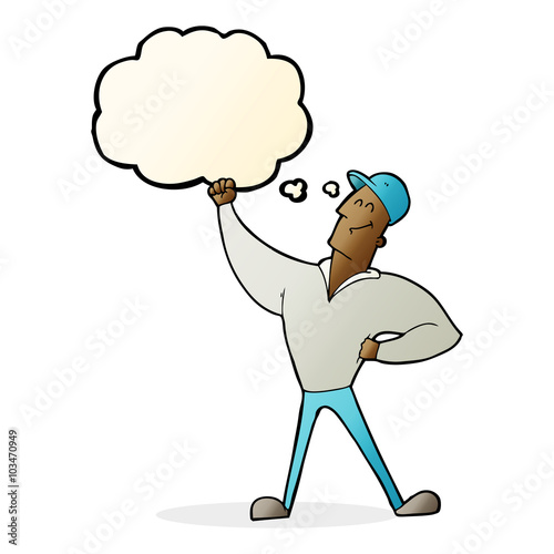 cartoon man striking heroic pose with thought bubble