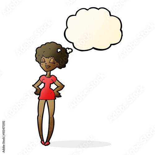 cartoon happy woman with hands on hips with thought bubble