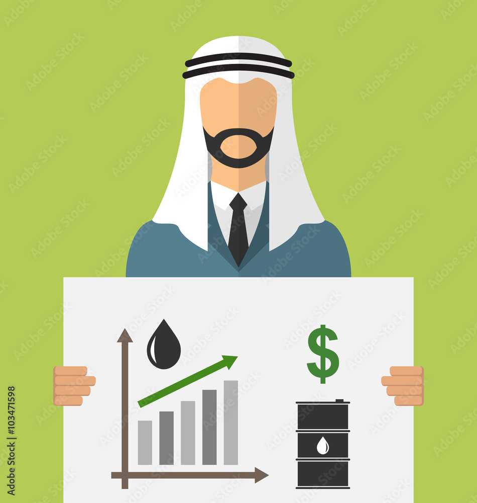 Obraz premium Arabic Businessman Holding Banner with Graphic of Oil Prices Up