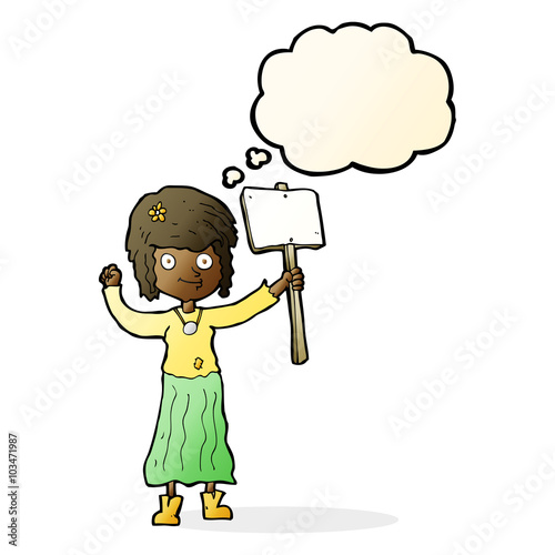 cartoon hippie girl with protest sign with thought bubble