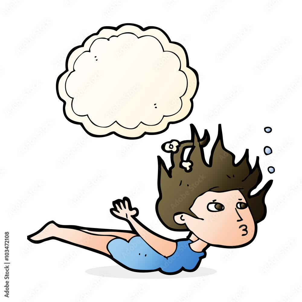 cartoon woman swimming underwater with thought bubble cartoon woman swimming underwater with thought bubble