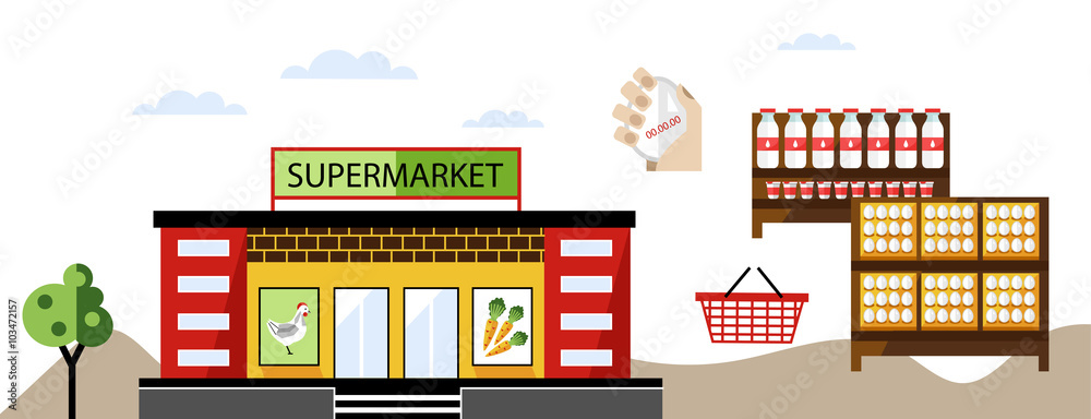 Local shop or local supermarket with natural product. Dairy and vegetable. Vector illustration.